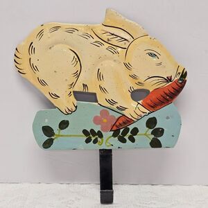 Vintage Hand Painted Folk Art Bunny Rabbit Farmhouse Metal Wall Hook Easter